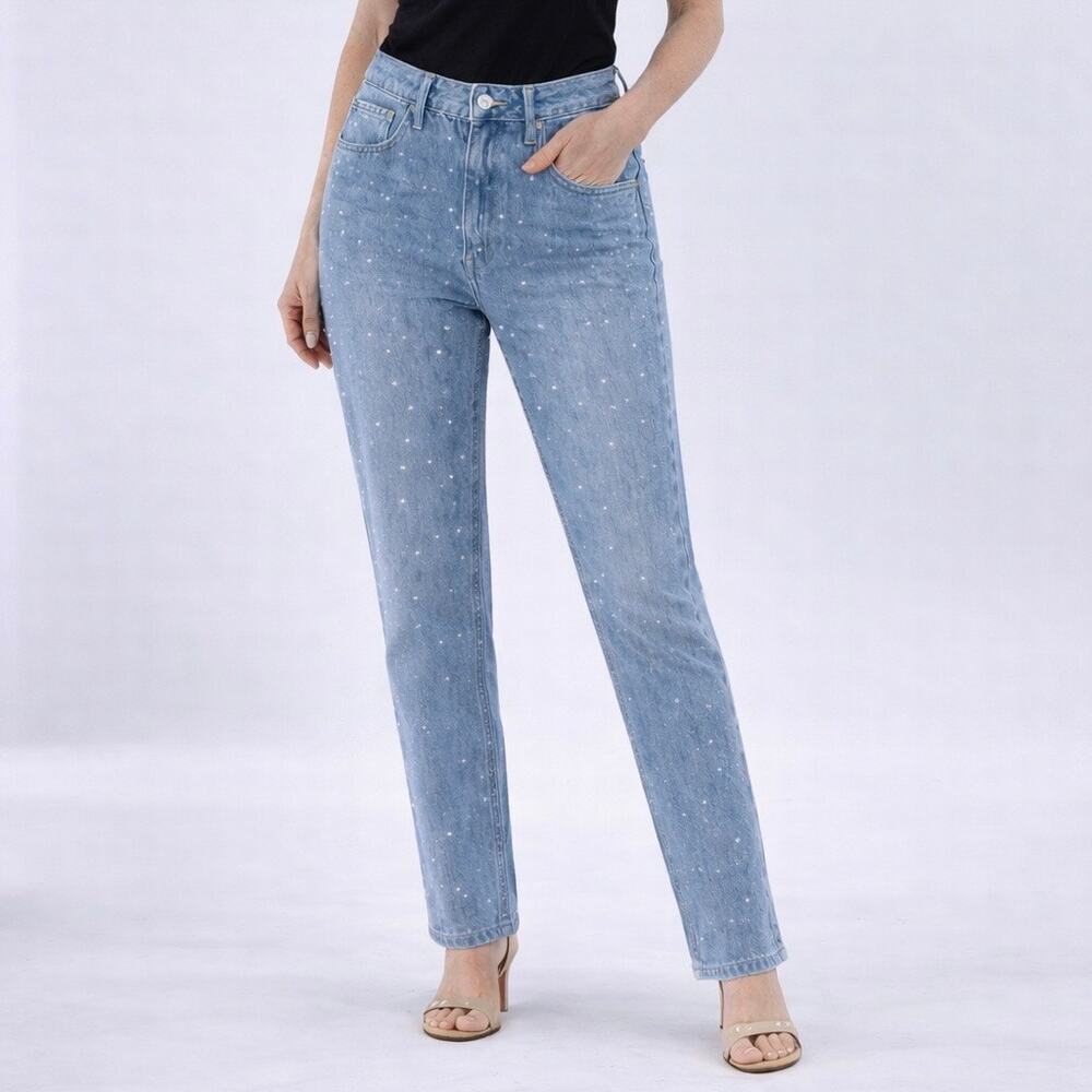 Women’s Light Wash Rhinestone Straight Leg Jeans – High Waisted Sparkle Denim 26